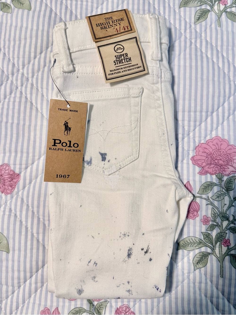 Ralph Lauren White High Rise Skinny Jeans with Blue Paint Detail